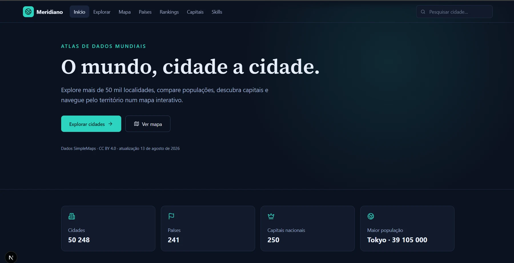 Página inicial com os totais do dataset